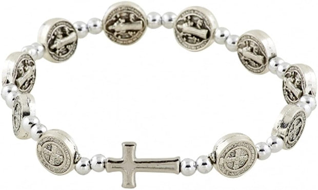 Silver Tone Saint Benedict Medal Prayer Bead Rosary Stretch Bracelet