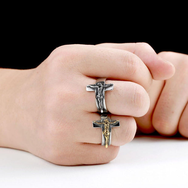 Jesus Cross Band Crucifix Ring, Silver Gold