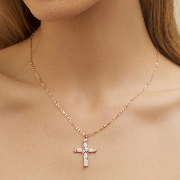 Rose Gold & White Gold Plated Created Opal Cross Chain with Pendant