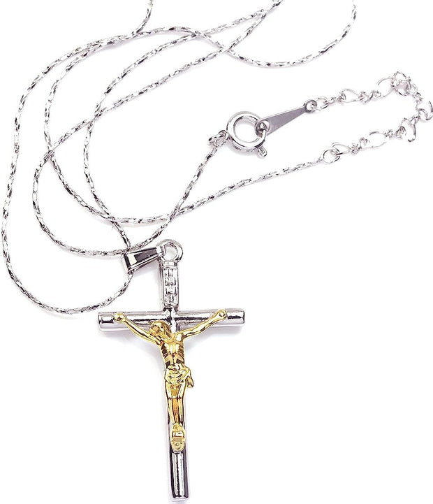 White & Rose Yellow Gold Plated Cross Jesus Christ Crucifix Cross Pendant Chain Necklace