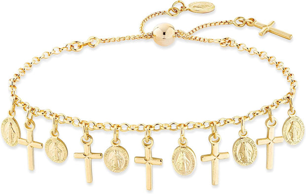 925 Sterling Silver or 18Kt Yellow Gold Over Silver Italian Adjustable Bolo Dangle Rosary Cross Charm Chain Bracelet