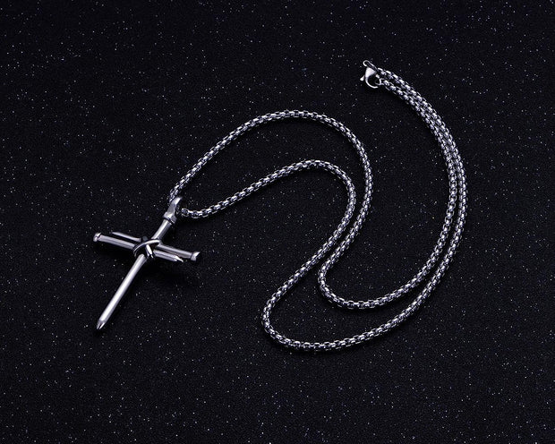 Stainless Steel Nail Cross Pendant Necklace with 24 Inch Chain Polished Black Gold Silver