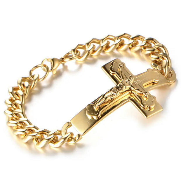 Stainless Steel Jesus Christ Crucifix Cross Bracelet Curb Chain Silver Gold Color Polished