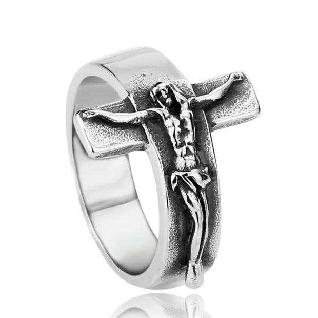 Vintage Stainless Steel Jesus Cross Band Crucifix Ring,Silver Gold
